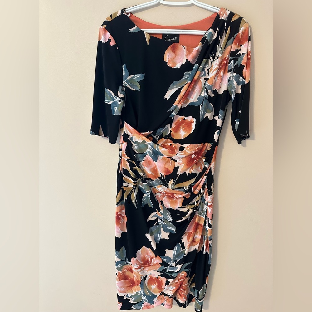 Connected Apparel Black and Pink Floral Midi Dress